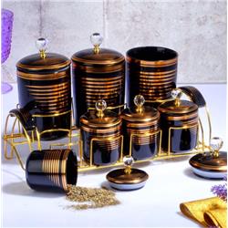 Kosova TWN-016 Telli Standlı Porselen Baharat Takımı 7 Parça Black Gold