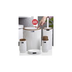 Okyanus 478-3-B Bella Çizgili Akrilik 5 Parça Banyo Seti Click Kapak Ahşap-Beyaz