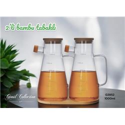Gönül G3852 Bambu Kapaklı Standlı Borosilikat Cam Yağlık & Sirkelik 1000 ml