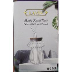 Lavin 47180 Bambu Kapaklı Pipetli Borosilikat Cam Bardak 450ml