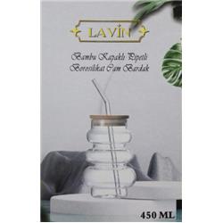 Lavin 47197 Bambu Kapaklı Pipetli Borosilikat Cam Bardak 450ml