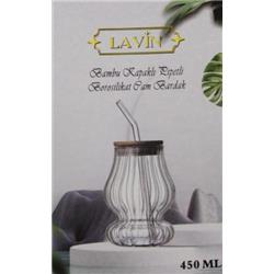 Lavin 47227 Bambu Kapaklı Pipetli Borosilikat Cam Bardak 450ml