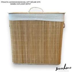 Sever Home PR34379 Çift Bölmeli Bambu Katlanır Çamaşır Sepeti 52x32x50cm