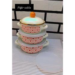 Alev Emaye Kalpli Pişirme Tencere & Saklama Kabı Seti 3lü -Renkli-