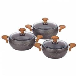 Özkent K-521-03 Güveç Granit 6 Parça Tencere Seti Ahşap Saplı Gri